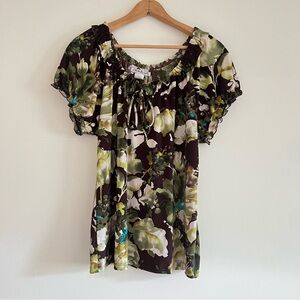Vintage green and brown floral top, Claudia Richard, size XL